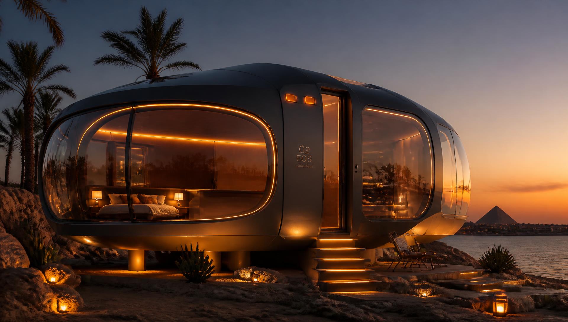 Luxury space capsule home on an Egyptian coastline at dusk